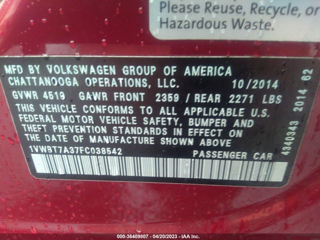 1VWBT7A37FC038542 Volkswagen Passat 1.8t Se W/sunroof & Nav