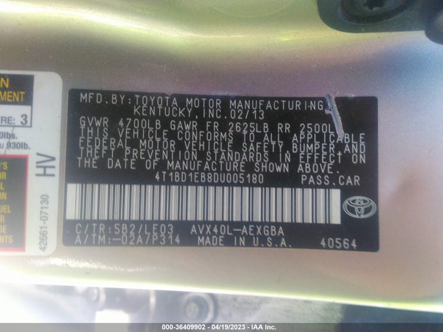 2013 TOYOTA AVALON HYBRID XLE PREMIUM VIN: 4T1BD1EB8DU005180