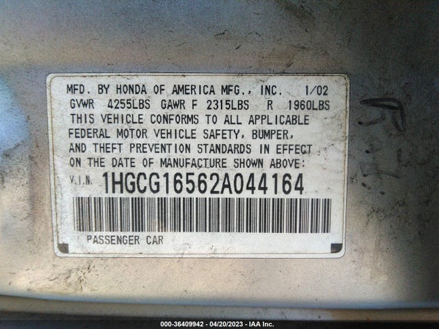 2002 HONDA ACCORD SDN EX W/LEATHER VIN: 1HGCG16562A044164