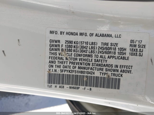 Honda Ridgeline Rtl 2017 5FPYK2F51HB010424 Image 9