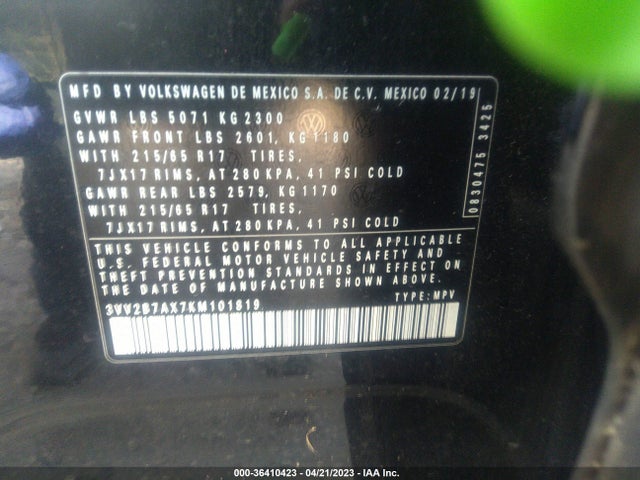 3VV2B7AX7KM101819 Volkswagen Tiguan Se/sel/sel R-line