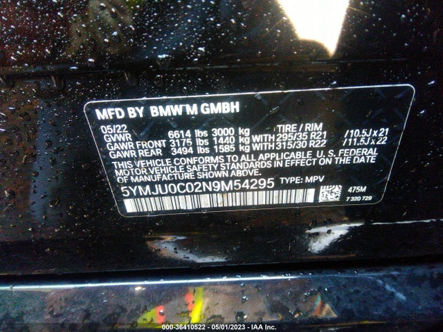 2022 BMW X5, VIN: 5YMJU0C02N9M54295