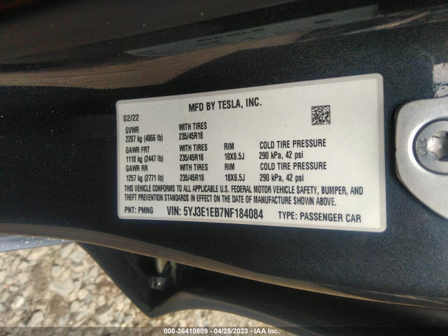 2022 TESLA MODEL 3 LONG RANGE VIN: 5YJ3E1EB7NF184084