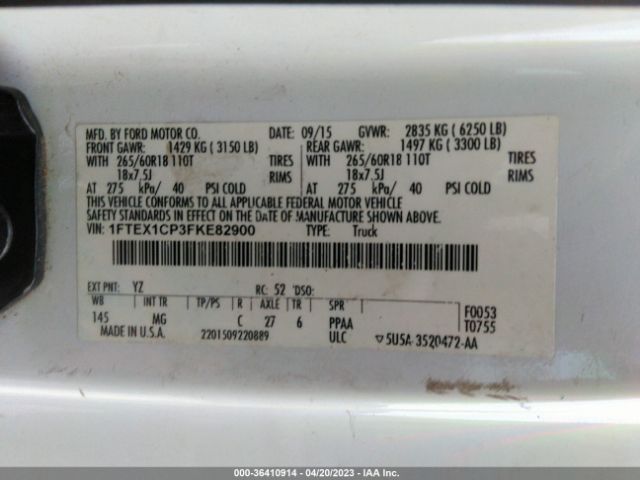 1FTEX1CP3FKE82900 Ford F-150 Xl/lariat/xlt