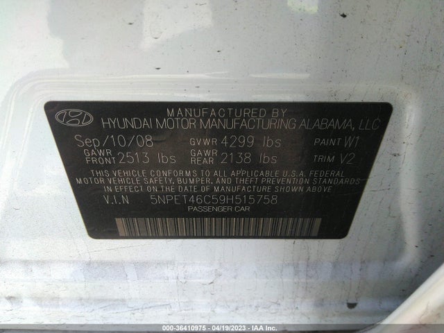 2009 HYUNDAI SONATA GLS VIN: 5NPET46C59H515758