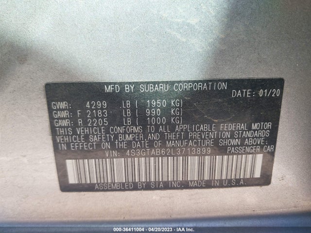 2020 SUBARU IMPREZA VIN: 4S3GTAB62L3713899