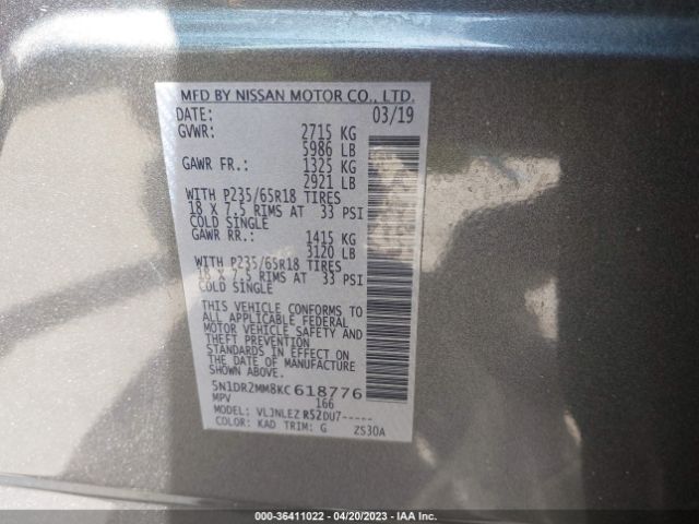 5N1DR2MM8KC618776 Nissan Pathfinder Sv