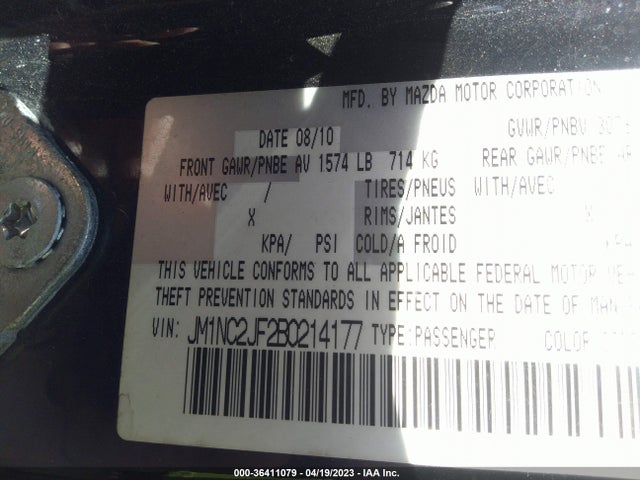 2011 MAZDA MX-5 MIATA SPORT VIN: JM1NC2JF2B0214177