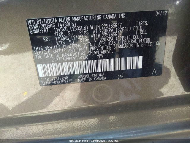 2012 TOYOTA RAV4 VIN: 2T3ZF4DV6CW118136