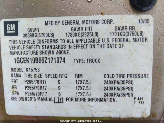 2006 CHEVROLET SILVERADO 1500 LT1 VIN: 1GCEK19B66Z171074