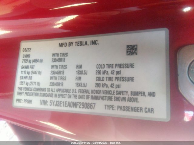 5YJ3E1EA0NF290867 Tesla MODEL 3