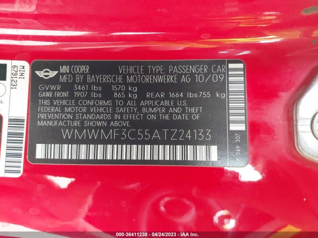 2010 MINI COOPER HARDTOP VIN: WMWMF3C55ATZ24133