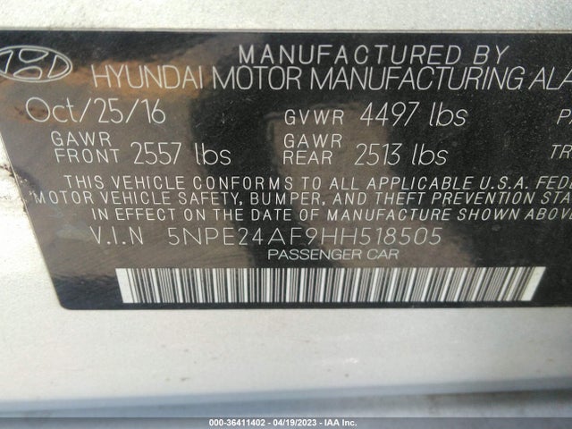 Hyundai Sonata 2.4l 2017 5NPE24AF9HH518505 Image 11