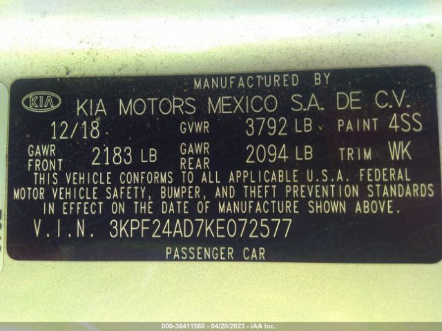 3KPF24AD7KE072577 KIA Forte Lxs