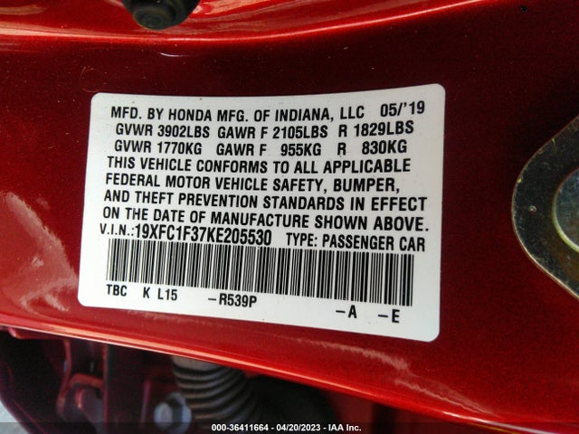 Honda Civic Sedan Ex 2019 19XFC1F37KE205530 Image 9