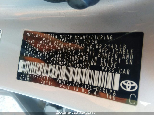 2021 TOYOTA COROLLA LE VIN: 5YFEPMAE7MP180396