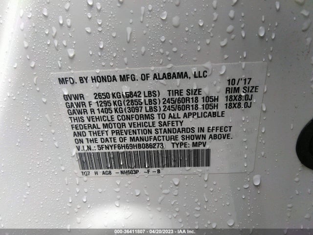 Honda Pilot Ex-l 2017 5FNYF6H69HB086273 Image 9