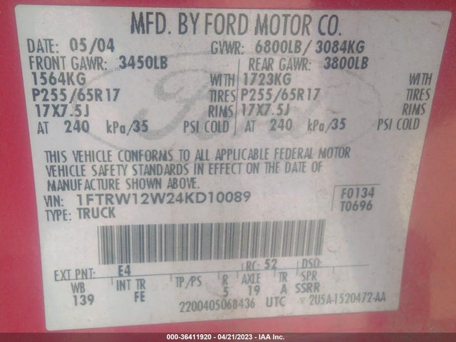2004 FORD F-150 XLT VIN: 1FTRW12W24KD10089