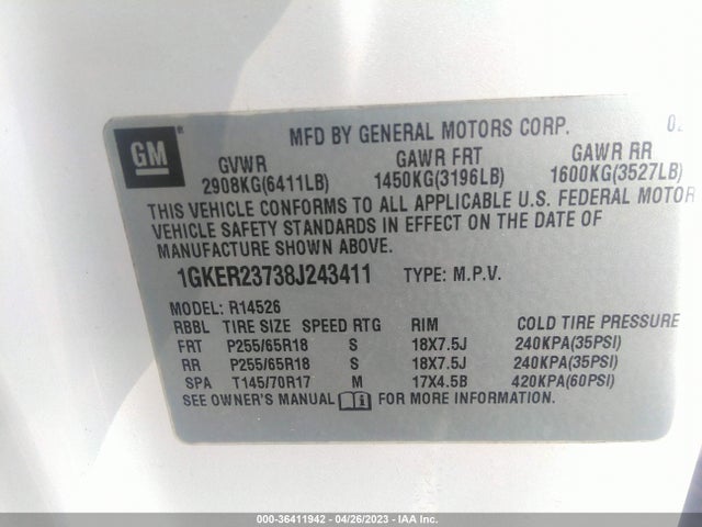 2008 GMC ACADIA SLT1 VIN: 1GKER23738J243411