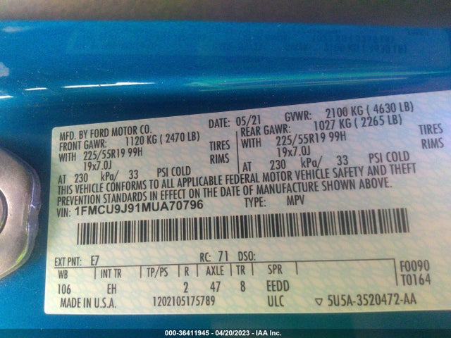 Ford Escape Titanium 2021 1FMCU9J91MUA70796 Image 9