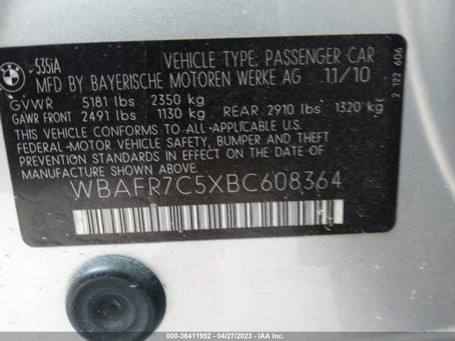 2011 BMW 5 SERIES 535I VIN: WBAFR7C5XBC608364