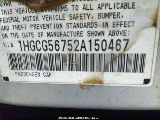 2002 HONDA ACCORD SDN SE VIN: 1HGCG56752A150467