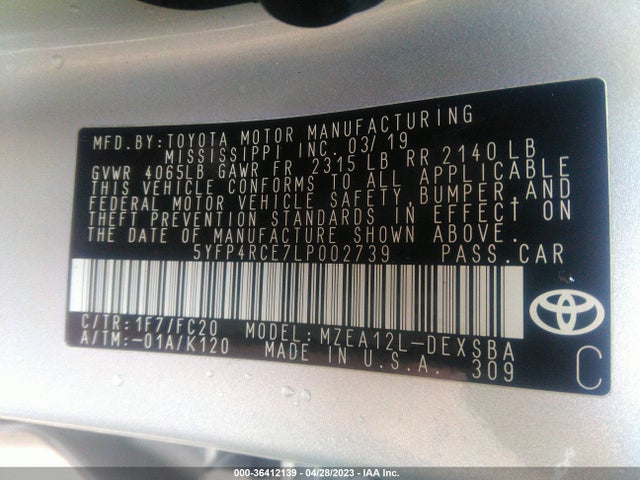 2020 TOYOTA COROLLA SE VIN: 5YFP4RCE7LP002739