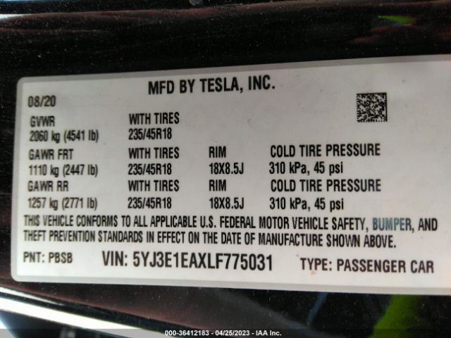 5YJ3E1EAXLF775031 Tesla Model 3 Standard Range
