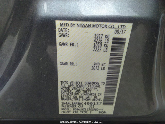 Nissan Altima 2.5 Sr 2017 1N4AL3AP8HC499137 Image 9