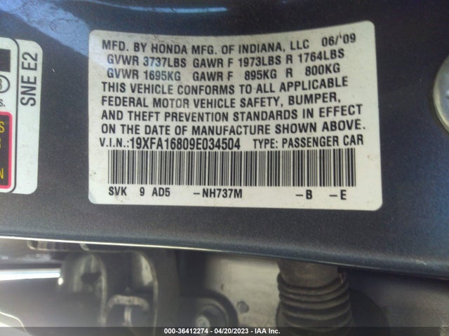 2009 HONDA CIVIC SDN EX VIN: 19XFA16809E034504
