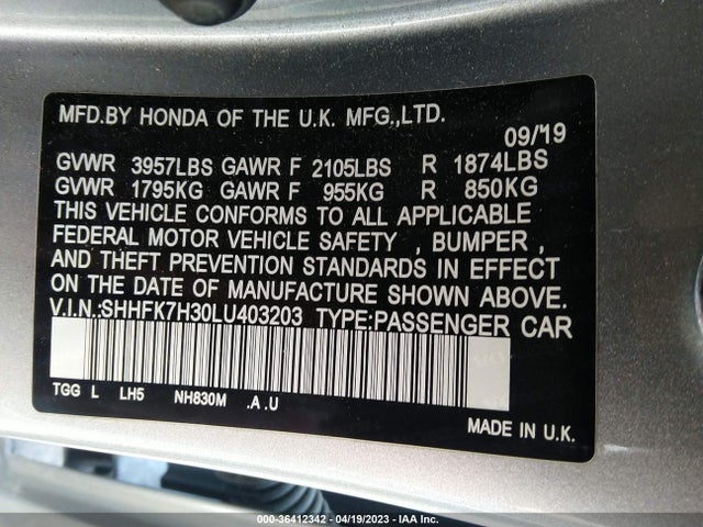 Honda Civic Hatchback Lx 2020 SHHFK7H30LU403203 Image 10
