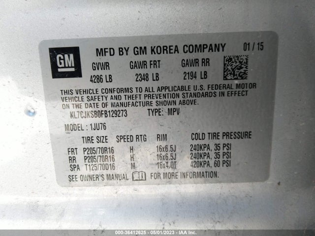 Chevrolet Trax 1ls 2015 KL7CJKSB0FB129273 Image 9
