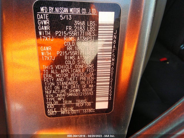 2013 NISSAN JUKE SV VIN: JN8AF5MR6DT215593