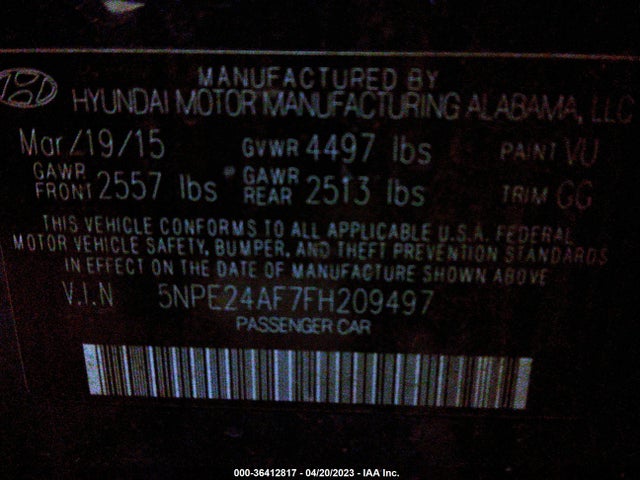36412817 :رقم المزاد ، 5NPE24AF7FH209497 vin ، 2015 Hyundai Sonata 2.4l Se مزاد بيع