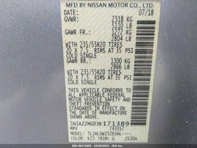 5N1AZ2MG0JN171389 Nissan Murano Platinum