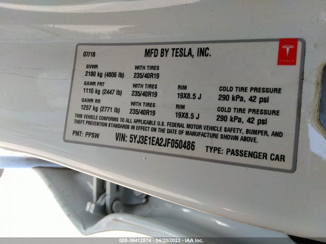 Tesla Model 3 Range Battery 2018 5YJ3E1EA2JF050486 Image 10