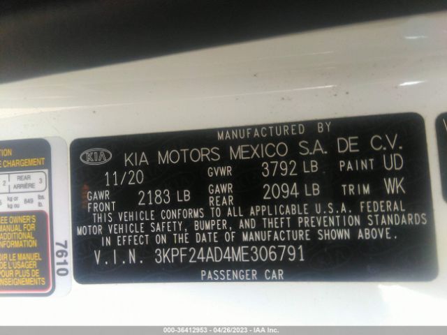3KPF24AD4ME306791 KIA Forte Lxs