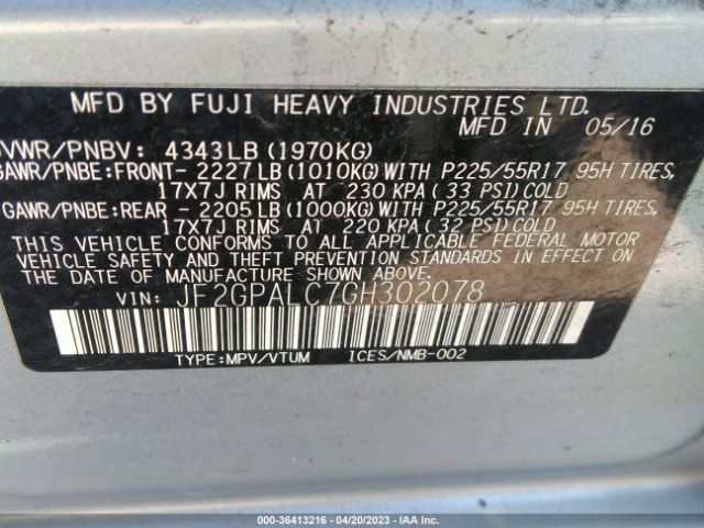 JF2GPALC7GH302078 Subaru Crosstrek Limited