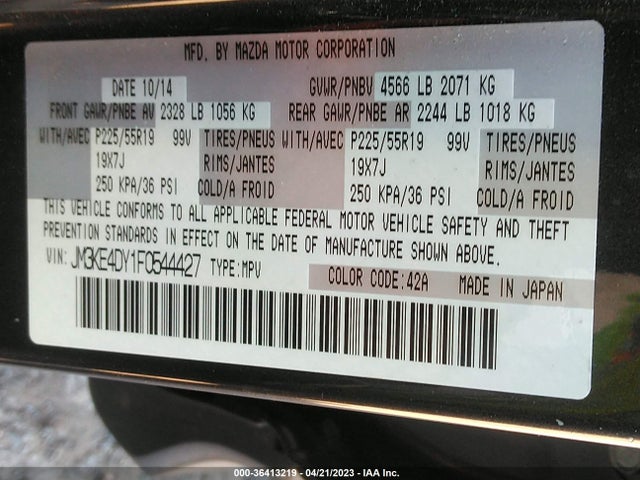 2015 MAZDA CX-5 GRAND TOURING VIN: JM3KE4DY1F0544427