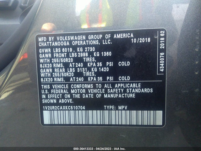 1V2UR2CAXKC510704 Volkswagen Atlas 3.6l V6 Se W/technology