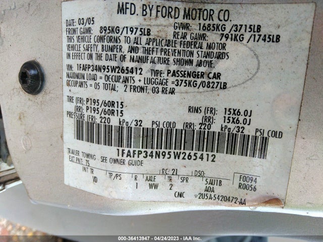 2005 FORD FOCUS S/SE/SES VIN: 1FAFP34N95W265412