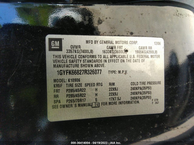 2007 CADILLAC ESCALADE ESV VIN: 1GYFK66827R326077