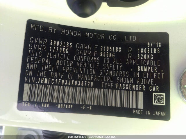 2018 HONDA CIVIC SEDAN TOURING VIN: JHMFC1F93JX038729