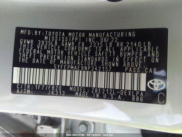 2022 TOYOTA COROLLA LE VIN: 5YFEPMAE9NP342157