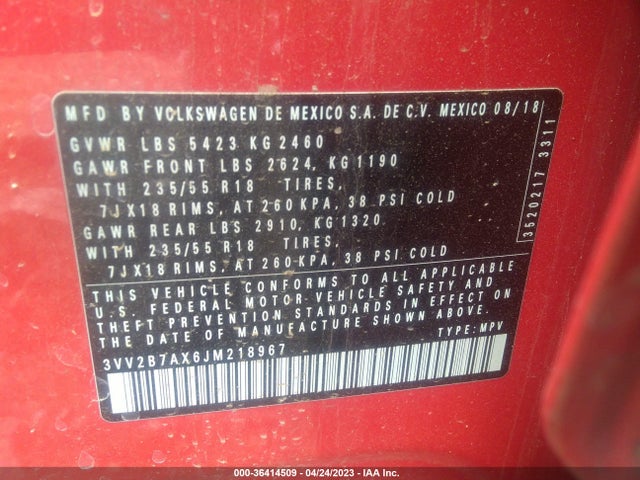 2018 VOLKSWAGEN TIGUAN SEL/SE VIN: 3VV2B7AX6JM218967