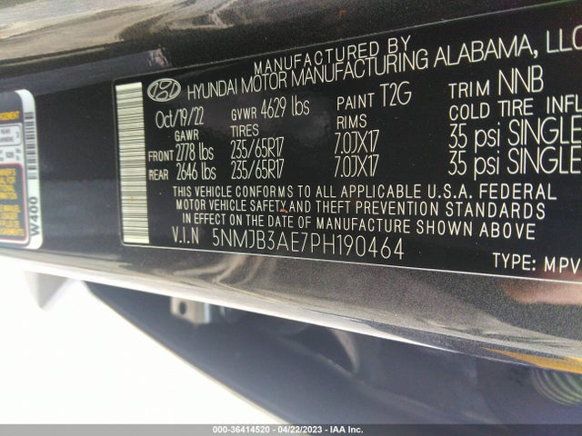 2023 HYUNDAI TUCSON SEL VIN: 5NMJB3AE7PH190464