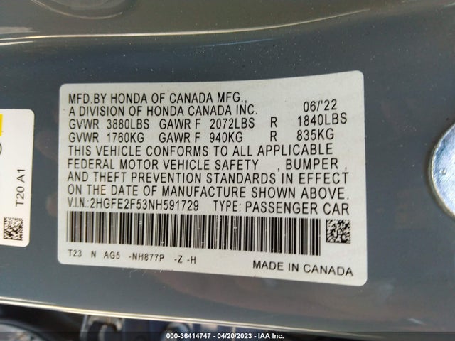 2022 HONDA CIVIC SEDAN SPORT VIN: 2HGFE2F53NH591729
