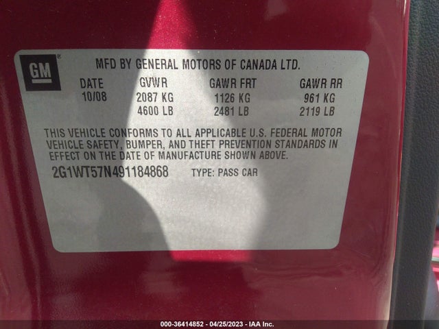 2009 CHEVROLET IMPALA 3.5L LT VIN: 2G1WT57N491184868