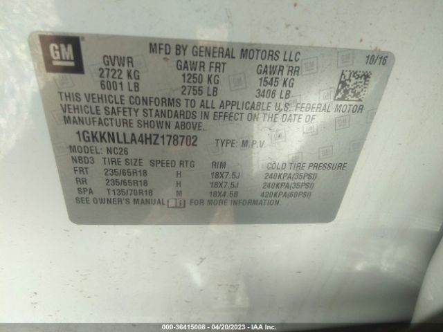 1GKKNLLA4HZ178702 GMC ACADIA SLE