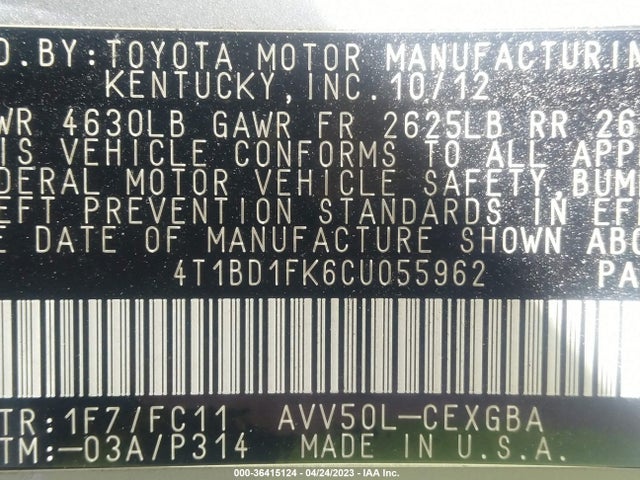 2012 TOYOTA CAMRY HYBRID XLE VIN: 4T1BD1FK6CU055962